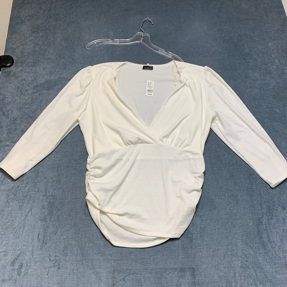 Zenobia Ribbed Wrap Top Womens 3X White Ruched Deep V Neck Party Wear Pullover